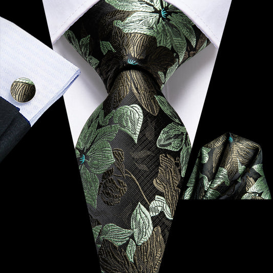Black & Forest Green Floral Silk Tie, Pocket Square & Cufflinks Set