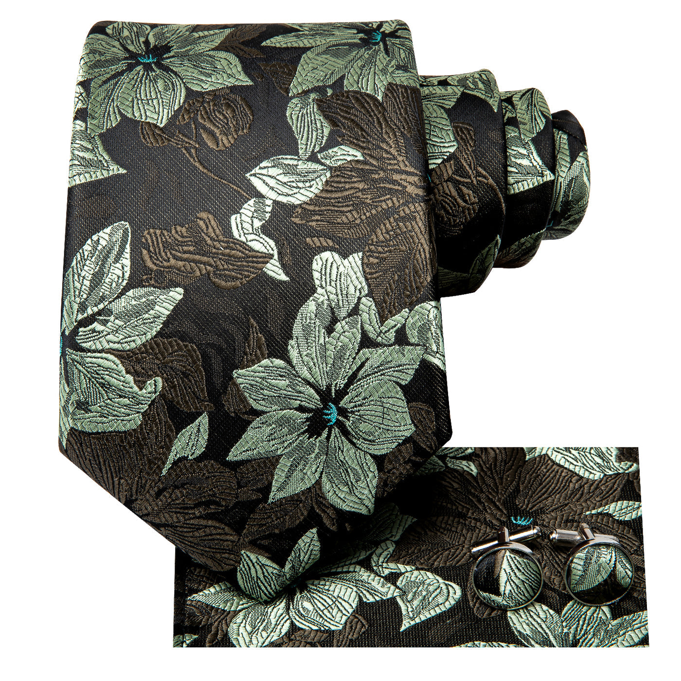 Black & Forest Green Floral Silk Tie, Pocket Square & Cufflinks Set
