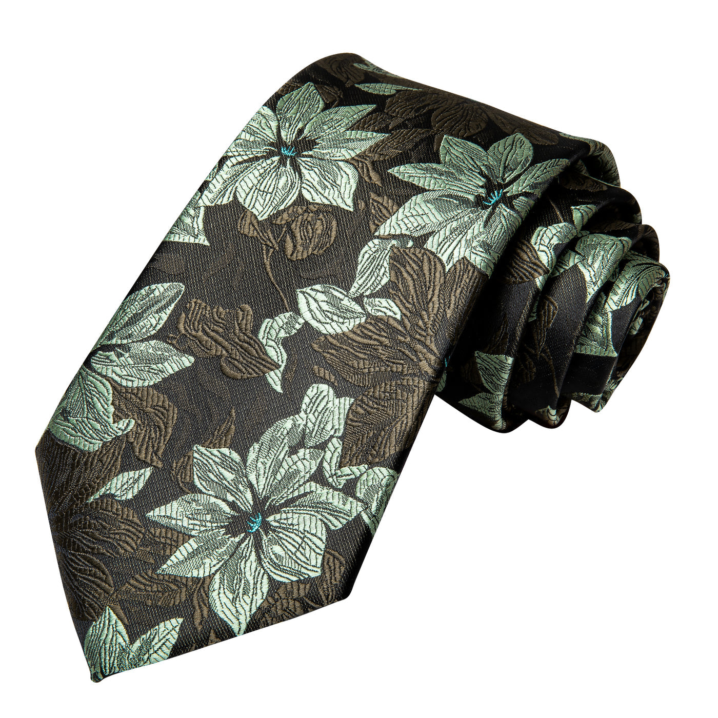 Black & Forest Green Floral Silk Tie, Pocket Square & Cufflinks Set