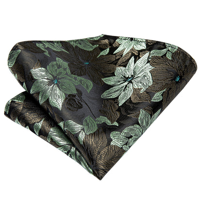 Black & Forest Green Floral Silk Tie, Pocket Square & Cufflinks Set