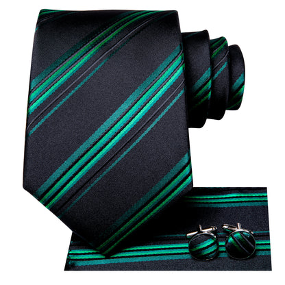 Black & Emerald Green Striped Silk Tie, Pocket Square & Cufflinks Set