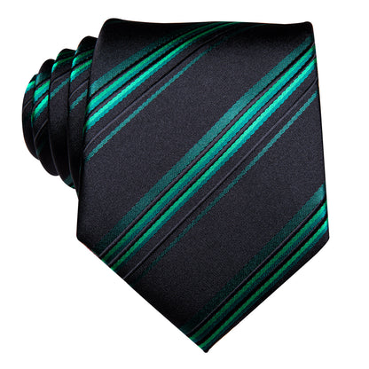 Black & Emerald Green Striped Silk Tie, Pocket Square & Cufflinks Set