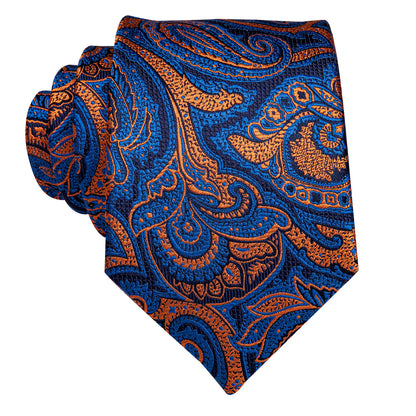 Blue and Orange Paisley Silk Tie, Pocket Square and Cufflinks tie sets    - Sophisticated Gentlemen
