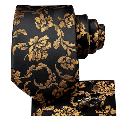 Black & Gold Floral Silk Tie, Pocket Square & Cufflinks Set tie sets - Sophisticated Gentlemen