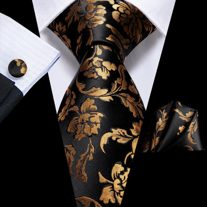 Black & Gold Floral Silk Tie, Pocket Square & Cufflinks Set tie sets - Sophisticated Gentlemen
