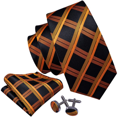 Orange and Black Plaid Tie, Pocket Square and Cufflinks Set tie sets - Sophisticated Gentlemen