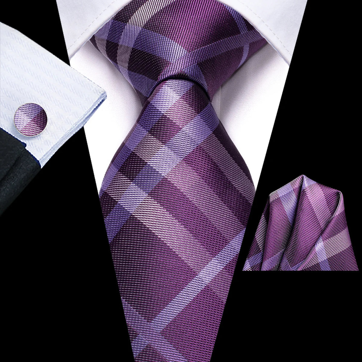 Purple plaid tie with matching pocket square and cufflink
