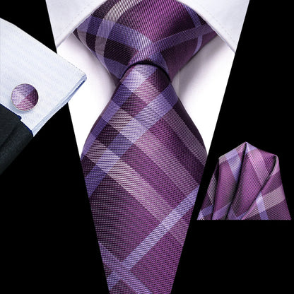 Purple plaid tie with matching pocket square and cufflink