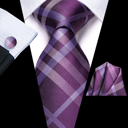 Purple plaid tie with matching pocket square and cufflink