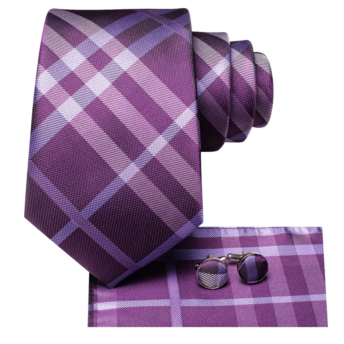 Purple plaid tie set with matching pocket square and cufflinks