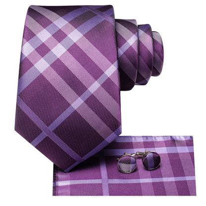 Purple plaid tie set with matching pocket square and cufflinks