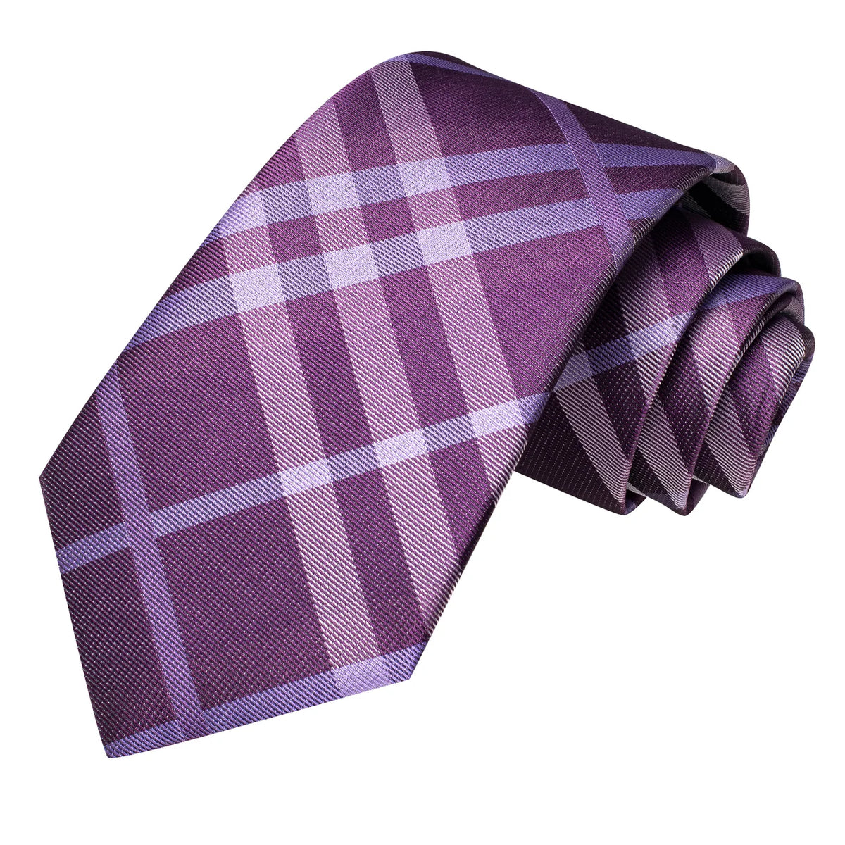 Purple and lavender plaid necktie close-up on white background