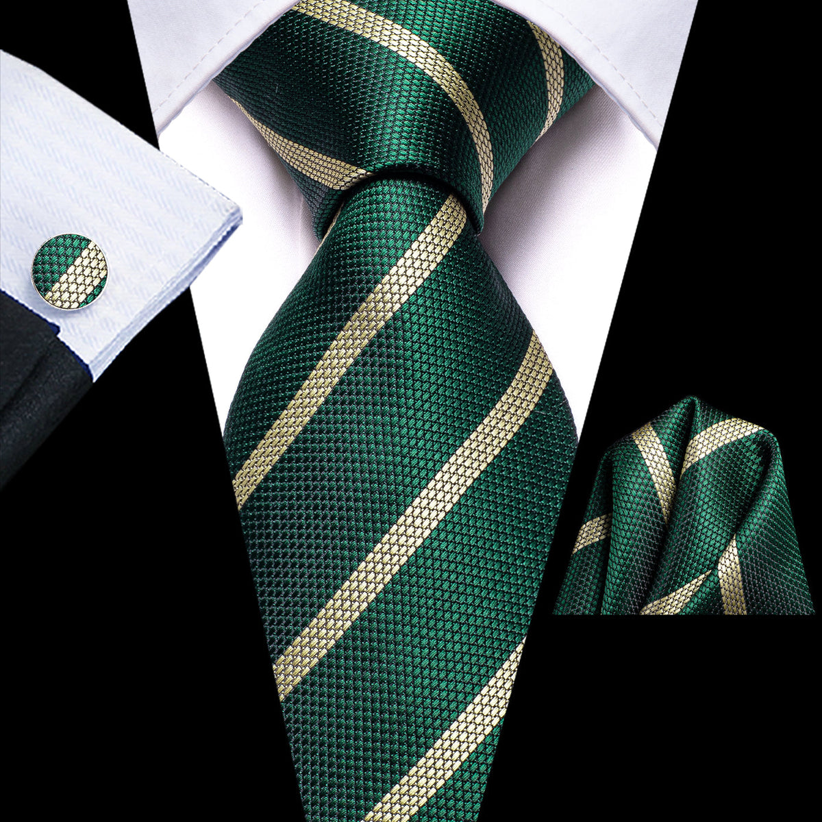 Woodland Green & Champagne Striped Silk Tie, Pocket Square & Cufflinks Set tie sets - Sophisticated Gentlemen