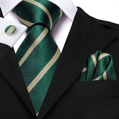 Woodland Green & Champagne Striped Silk Tie, Pocket Square & Cufflinks Set tie sets - Sophisticated Gentlemen