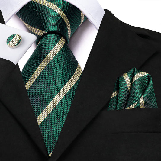 Woodland Green & Champagne Striped Silk Tie, Pocket Square & Cufflinks Set tie sets - Sophisticated Gentlemen
