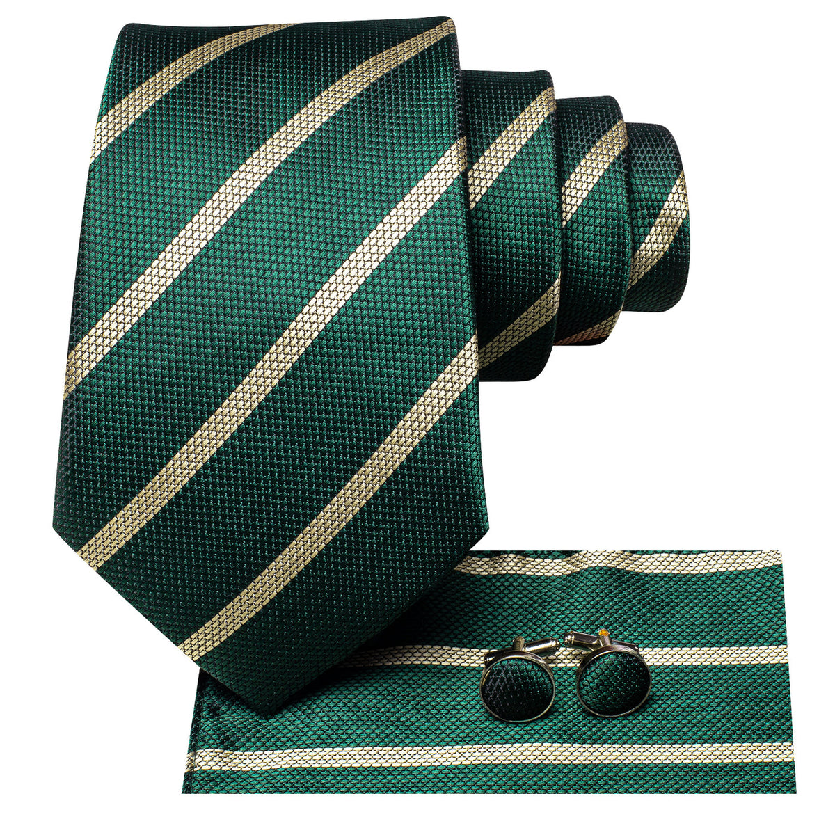 Woodland Green & Champagne Striped Silk Tie, Pocket Square & Cufflinks Set tie sets - Sophisticated Gentlemen