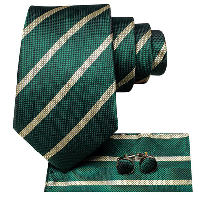 Woodland Green & Champagne Striped Silk Tie, Pocket Square & Cufflinks Set tie sets - Sophisticated Gentlemen