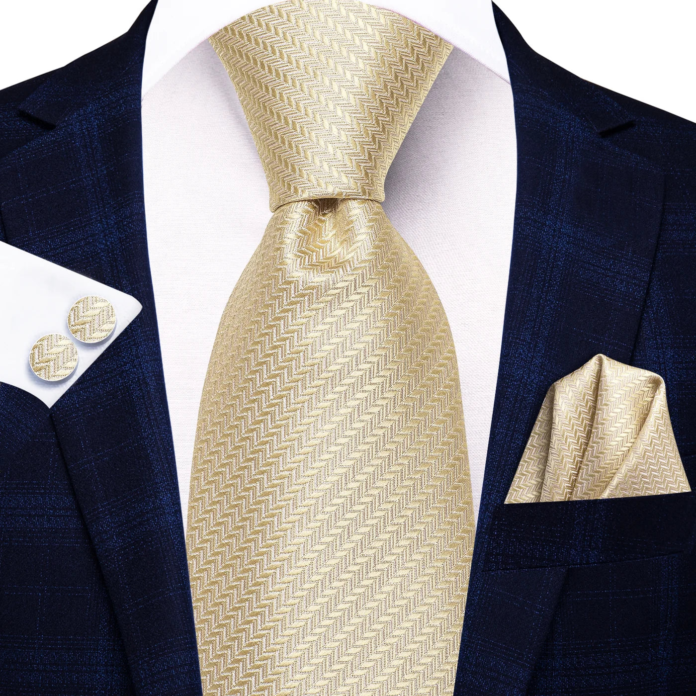 Elegant champagne gold herringbone necktie with matching pocket square and cufflinks