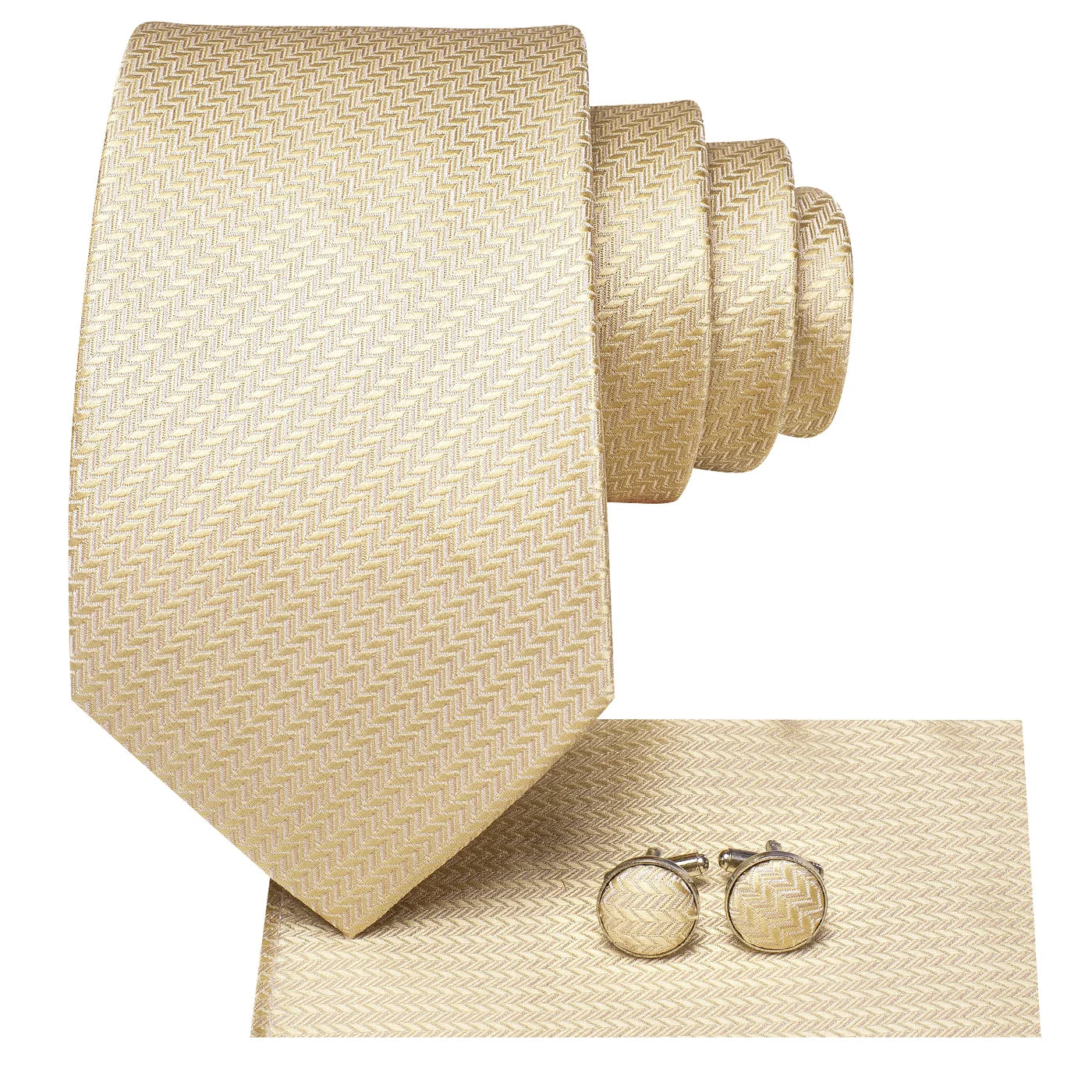 Champagne gold herringbone tie set with pocket square and round cufflinks
