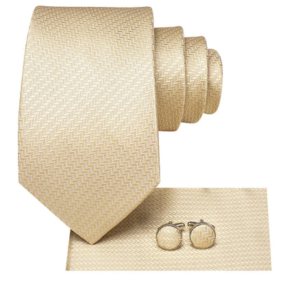 Champagne gold herringbone tie set with pocket square and round cufflinks