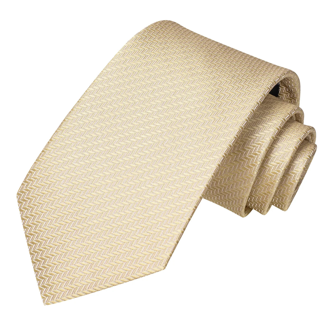 Close-up of champagne gold herringbone tie with textured woven pattern