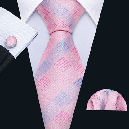 Pink Plaid Silk Men's Tie, Pocket Square and Cufflinks Set tie sets    - Sophisticated Gentlemen