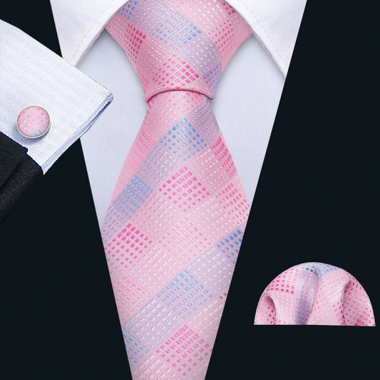 Pink Plaid Silk Men's Tie, Pocket Square and Cufflinks Set tie sets    - Sophisticated Gentlemen