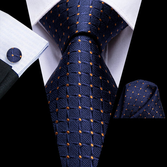 Navy & Gold Grid Pattern Silk Tie, Pocket Square & Cufflinks Set tie sets - Sophisticated Gentlemen