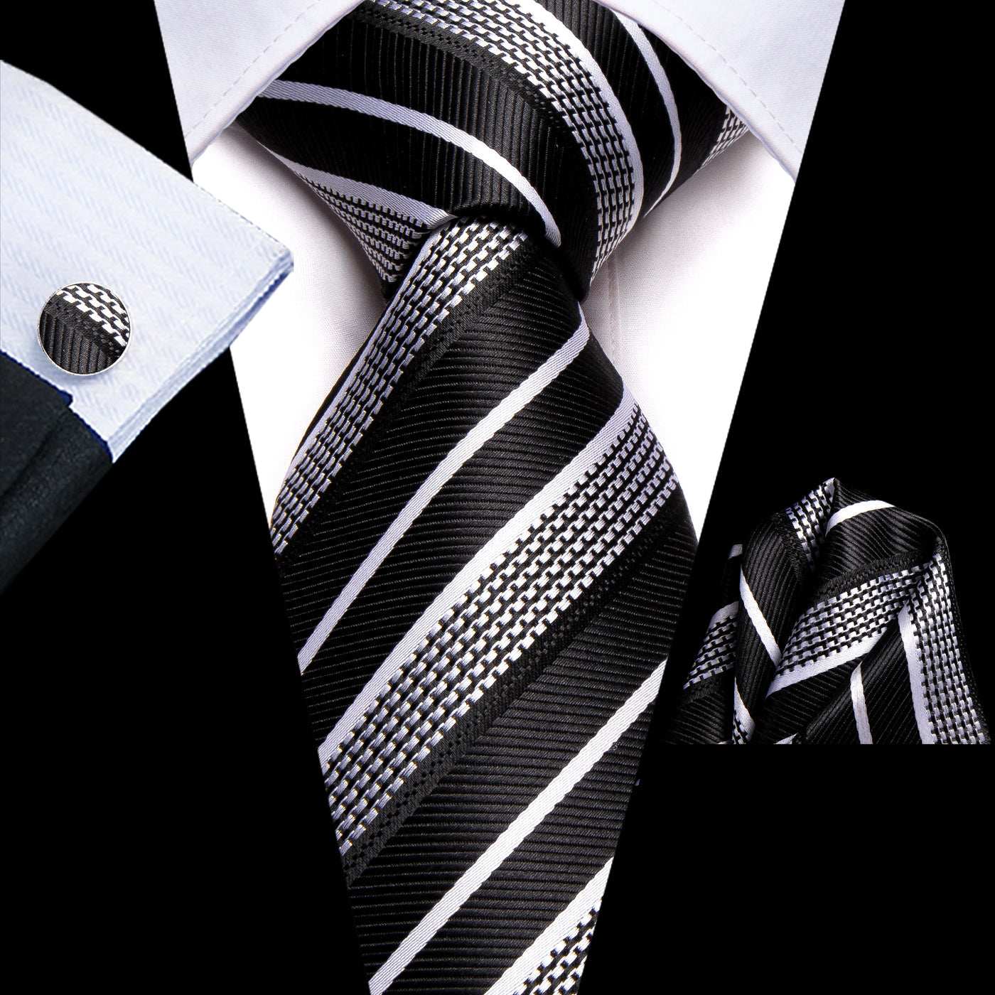 Black & Silver Striped Silk Tie and Pocket Square Set with Cufflinks tie sets - Sophisticated Gentlemen