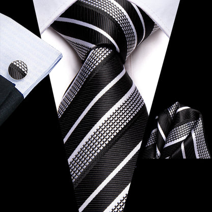 Black & Silver Striped Silk Tie and Pocket Square Set with Cufflinks tie sets - Sophisticated Gentlemen