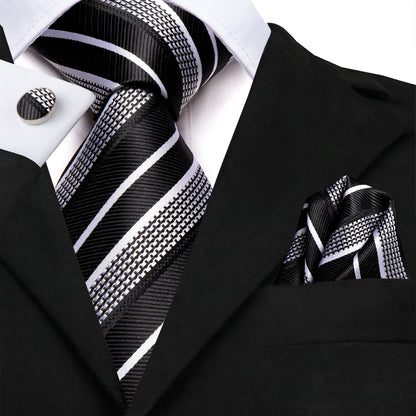 Black & Silver Striped Silk Tie and Pocket Square Set with Cufflinks tie sets - Sophisticated Gentlemen