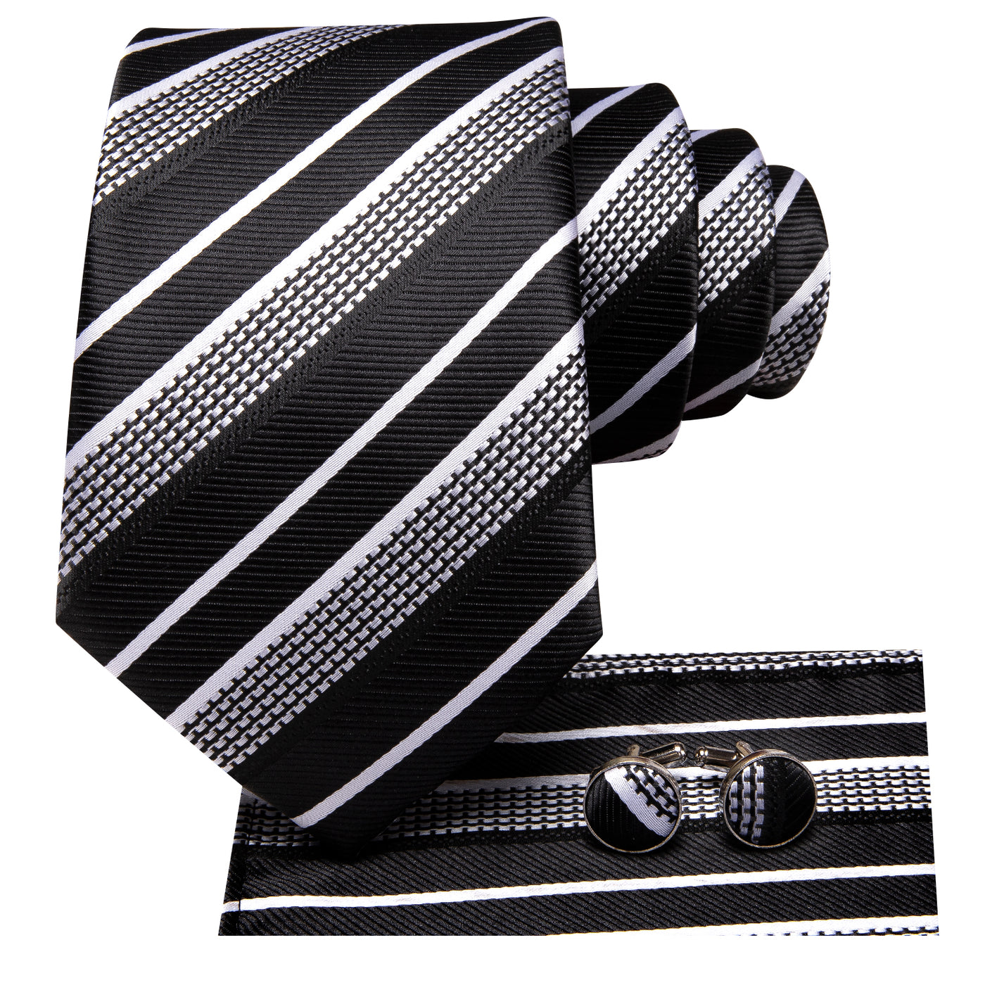Black & Silver Striped Silk Tie and Pocket Square Set with Cufflinks tie sets - Sophisticated Gentlemen