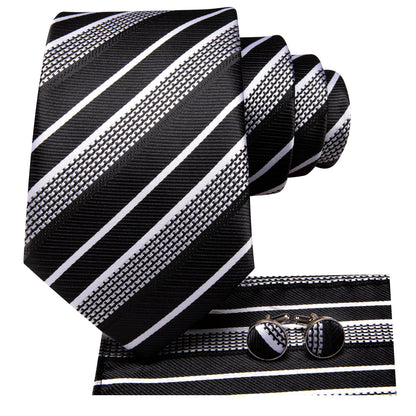 Black & Silver Striped Silk Tie and Pocket Square Set with Cufflinks tie sets - Sophisticated Gentlemen