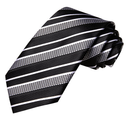 Black & Silver Striped Silk Tie and Pocket Square Set with Cufflinks tie sets - Sophisticated Gentlemen
