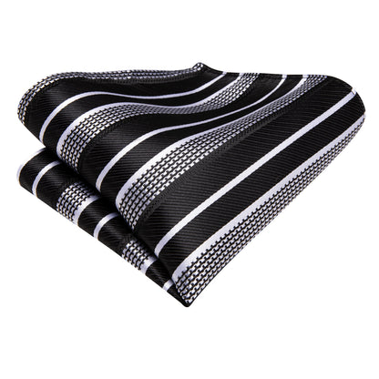 Black & Silver Striped Silk Tie and Pocket Square Set with Cufflinks tie sets - Sophisticated Gentlemen