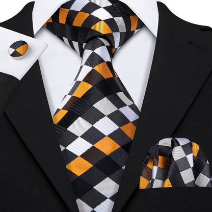Orange, Black and White Plaid Silk Tie, Pocket Square and Cufflinks Set tie sets - Sophisticated Gentlemen