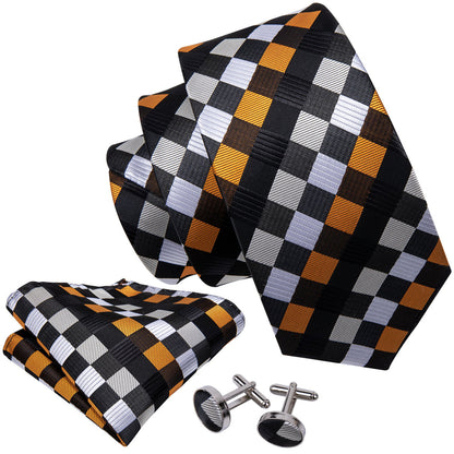 Orange, Black and White Plaid Silk Tie, Pocket Square and Cufflinks Set tie sets - Sophisticated Gentlemen