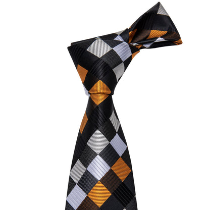 Orange, Black and White Plaid Silk Tie, Pocket Square and Cufflinks Set tie sets - Sophisticated Gentlemen