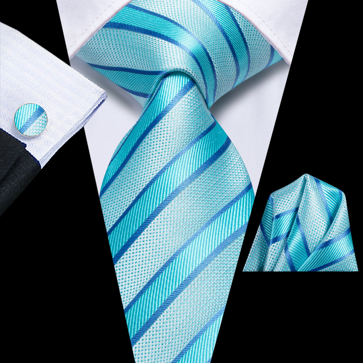 Turquoise Blue Striped Tie, Pocket Square and Cufflinks Set tie sets - Sophisticated Gentlemen