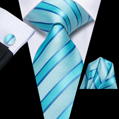 Turquoise Blue Striped Tie, Pocket Square and Cufflinks Set tie sets - Sophisticated Gentlemen