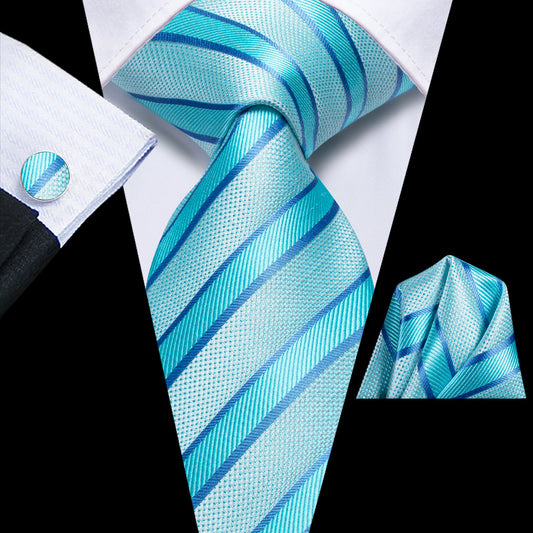 Turquoise Blue Striped Tie, Pocket Square and Cufflinks Set tie sets - Sophisticated Gentlemen