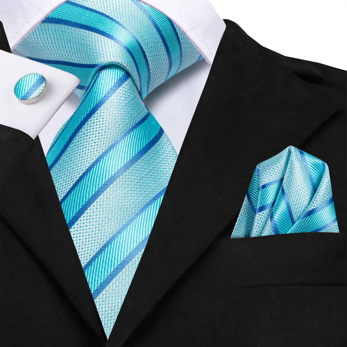 Turquoise Blue Striped Tie, Pocket Square and Cufflinks Set tie sets - Sophisticated Gentlemen