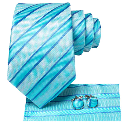 Turquoise Blue Striped Tie, Pocket Square and Cufflinks Set tie sets - Sophisticated Gentlemen