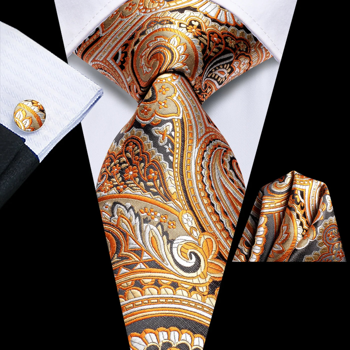 Orange gold paisley silk tie with matching pocket square and cufflink