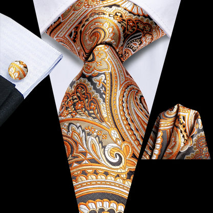 Orange gold paisley silk tie with matching pocket square and cufflink
