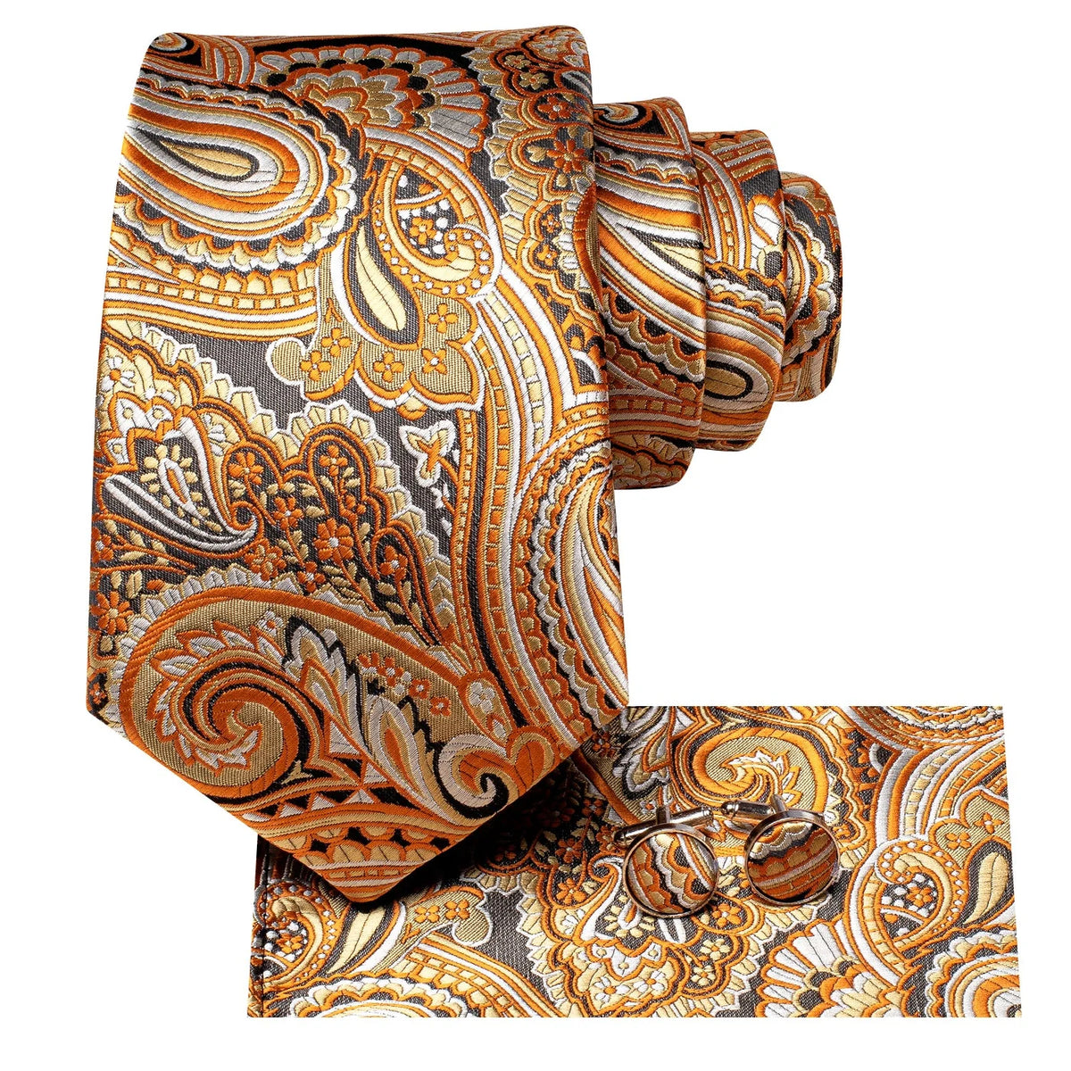 Orange gold paisley silk tie set with pocket square and cufflinks
