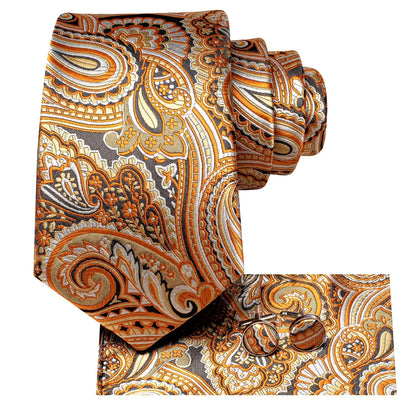 Orange gold paisley silk tie set with pocket square and cufflinks