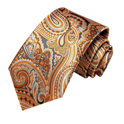 Orange gold paisley silk necktie with detailed jacquard pattern