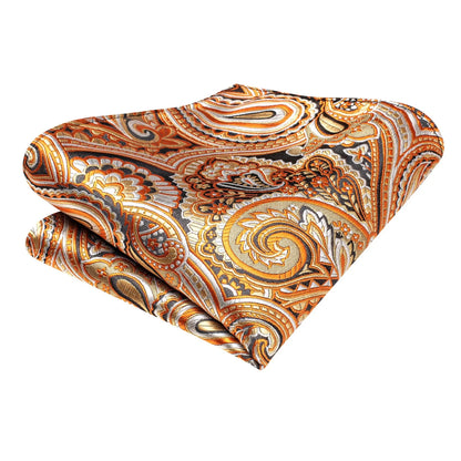 Orange gold paisley pocket square with ornate matching pattern