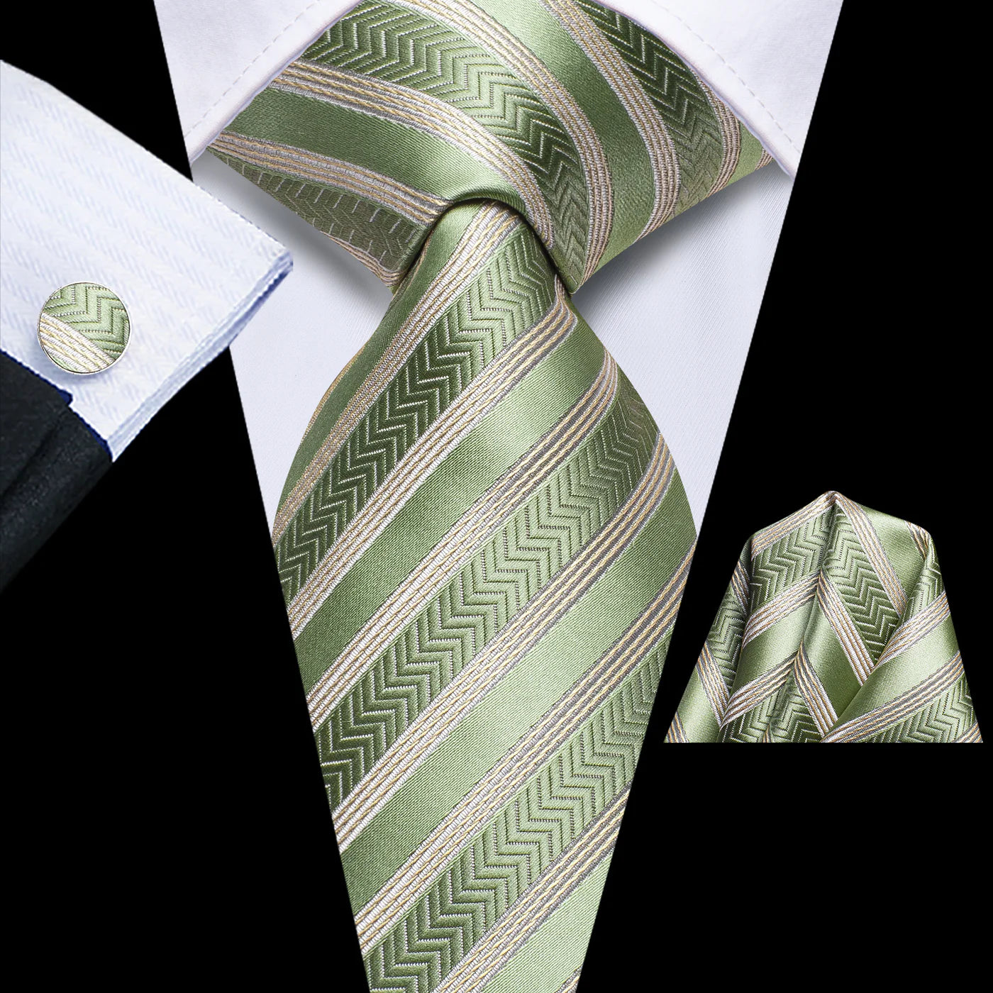 Sage Green & Gold Striped Silk Tie - Elegant Chevron Pattern Necktie Set tie sets - Sophisticated Gentlemen